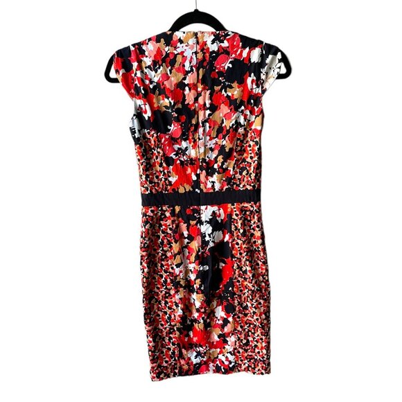 French Connection Size 2 Red Orange Black Floral Print V-Neck Sheath Mini Dress - Picture 6 of 16